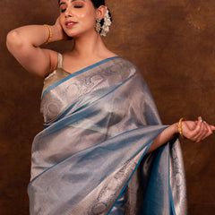 Firozi Blue Banarasi Authentic Soft Tissue Silk Saree with Rich Pallu Woven Design