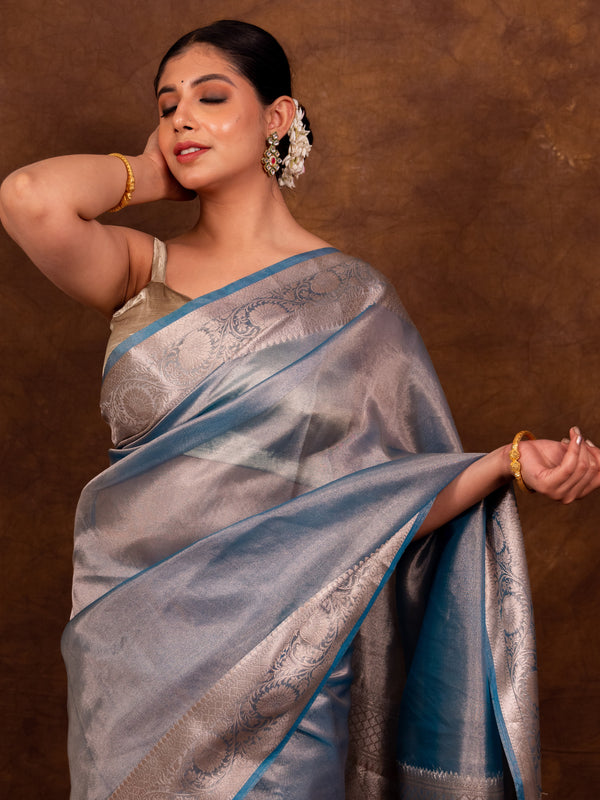 Firozi Blue Banarasi Authentic Soft Tissue Silk Saree with Rich Pallu Woven Design
