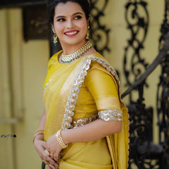 Modern Mirror Work Banarasi Crush Tissue Saree with Handmade Mirror Cutwork Laces