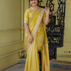Modern Mirror Work Banarasi Crush Tissue Saree with Handmade Mirror Cutwork Laces