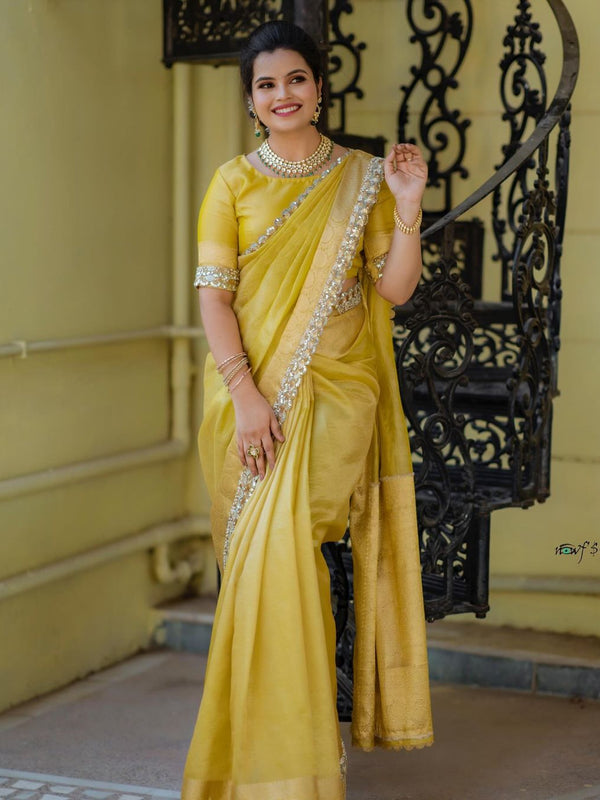 Modern Mirror Work Banarasi Crush Tissue Saree with Handmade Mirror Cutwork Laces