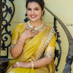 Modern Mirror Work Banarasi Crush Tissue Saree with Handmade Mirror Cutwork Laces