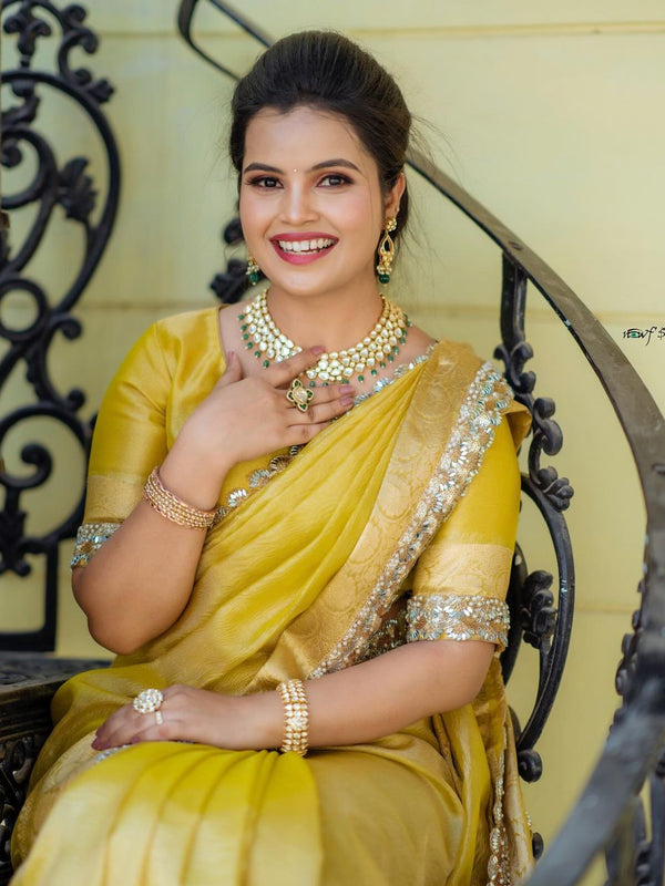 Modern Mirror Work Banarasi Crush Tissue Saree with Handmade Mirror Cutwork Laces