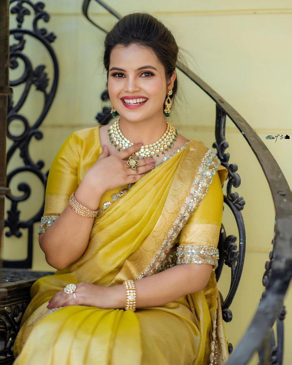 Modern Mirror Work Banarasi Crush Tissue Saree with Handmade Mirror Cutwork Laces
