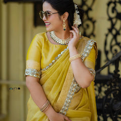 Modern Mirror Work Banarasi Crush Tissue Saree with Handmade Mirror Cutwork Laces