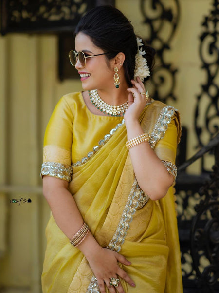 Modern Mirror Work Banarasi Crush Tissue Saree with Handmade Mirror Cutwork Laces