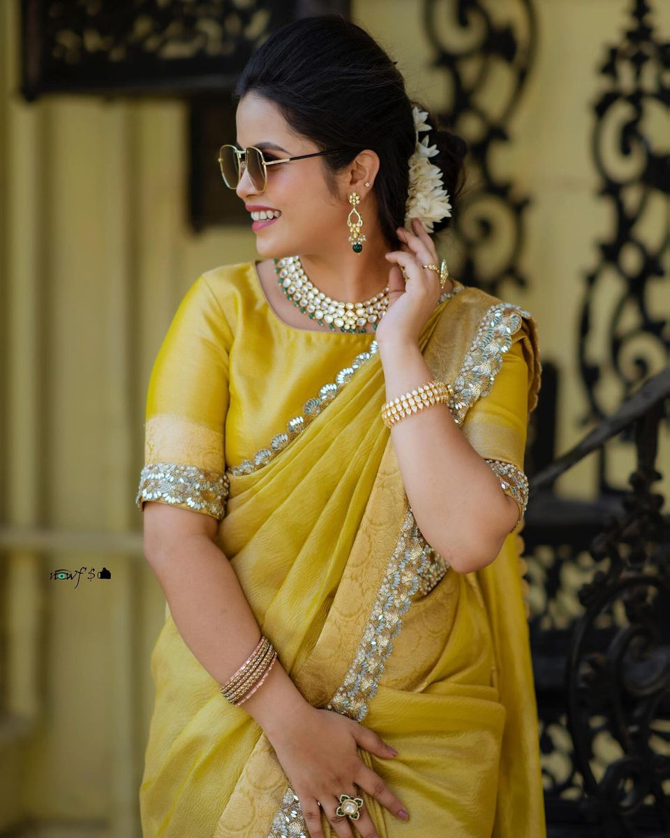 Modern Mirror Work Banarasi Crush Tissue Saree with Handmade Mirror Cutwork Laces