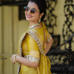 Modern Mirror Work Banarasi Crush Tissue Saree with Handmade Mirror Cutwork Laces