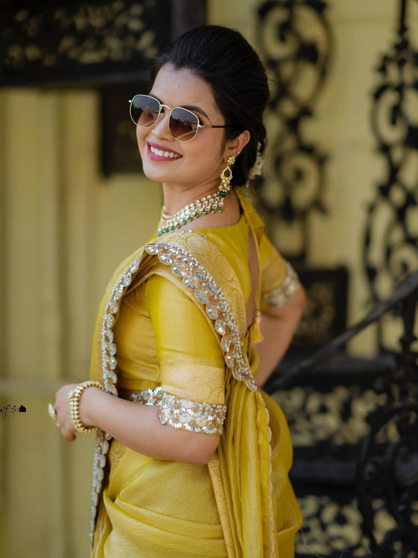 Modern Mirror Work Banarasi Crush Tissue Saree with Handmade Mirror Cutwork Laces