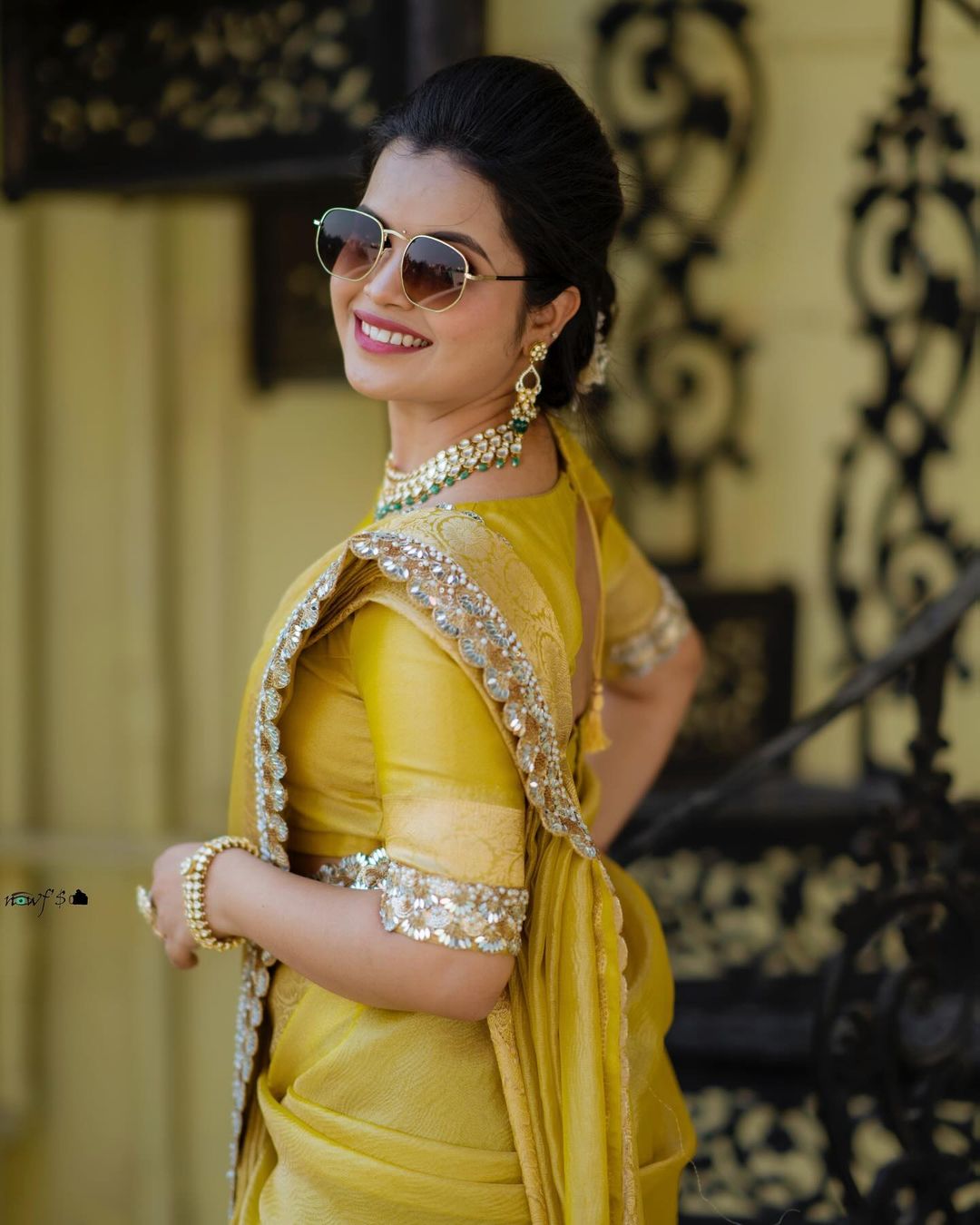 Modern Mirror Work Banarasi Crush Tissue Saree with Handmade Mirror Cutwork Laces