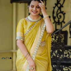 Modern Mirror Work Banarasi Crush Tissue Saree with Handmade Mirror Cutwork Laces