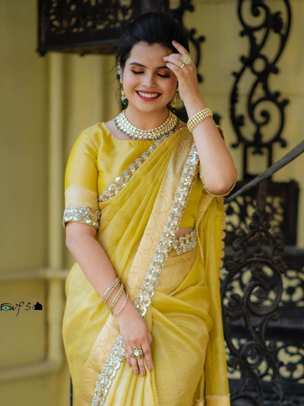 Modern Mirror Work Banarasi Crush Tissue Saree with Handmade Mirror Cutwork Laces