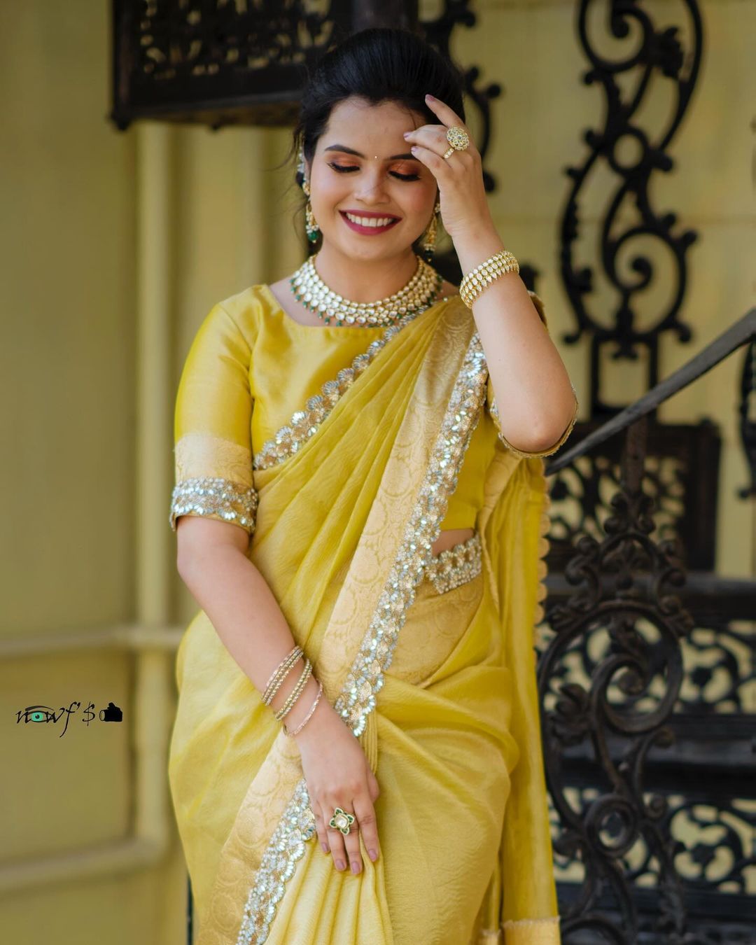 Modern Mirror Work Banarasi Crush Tissue Saree with Handmade Mirror Cutwork Laces