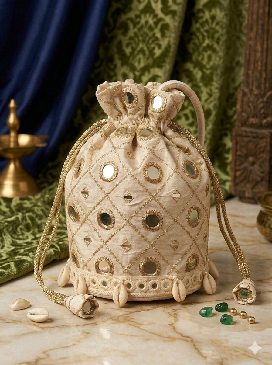 Ivory Noor Mirror Work Handcrafted Designer Potli