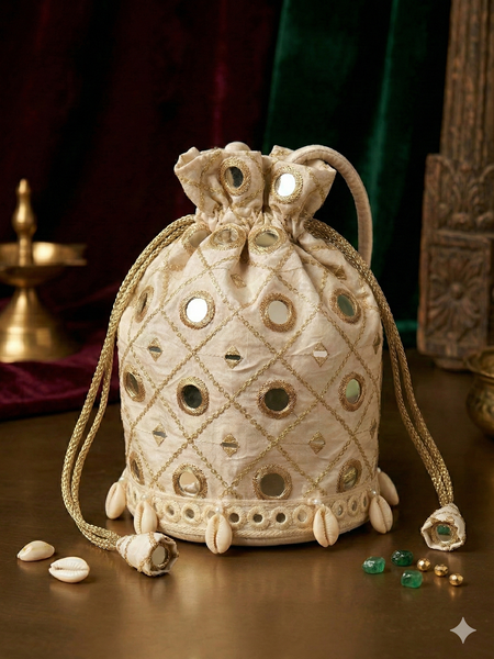 Ivory Noor Mirror Work Handcrafted Designer Potli