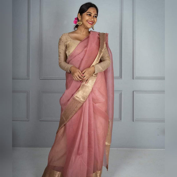 Peach Pink Banarasi Woven Skirt Border Soft Organza Saree | From The Weavers Of Banaras