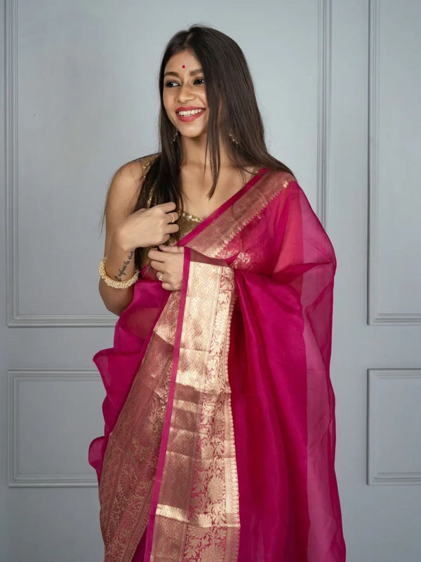 Rani Pink Banarasi Woven Soft Organza Saree | Body Hugging Easy To Pleat Saree
