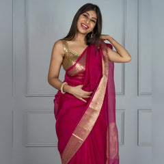 Rani Pink Banarasi Woven Soft Organza Saree | Body Hugging Easy To Pleat Saree