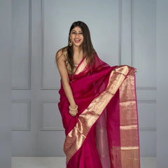 Rani Pink Banarasi Woven Soft Organza Saree | Body Hugging Easy To Pleat Saree