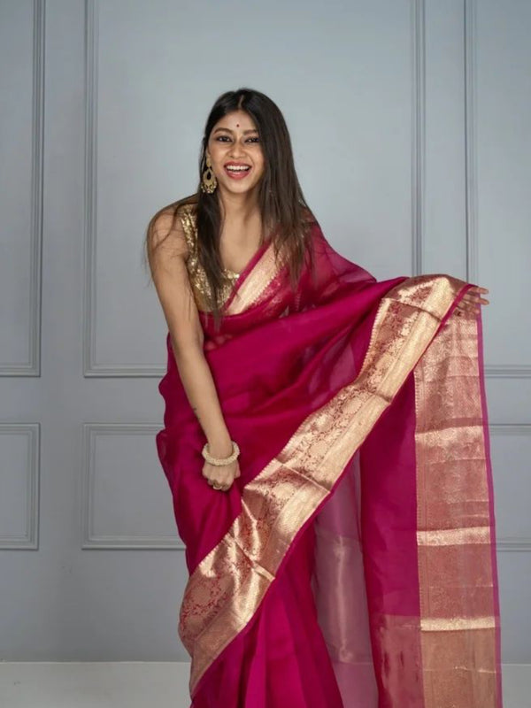 Rani Pink Banarasi Woven Soft Organza Saree | Body Hugging Easy To Pleat Saree