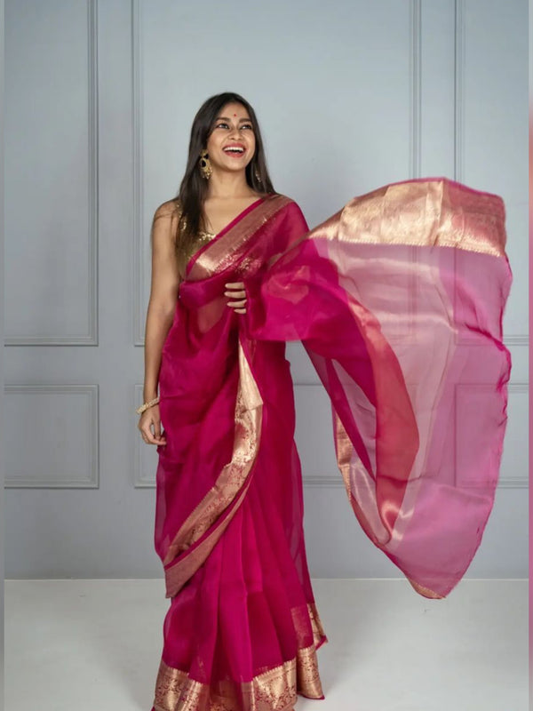 Rani Pink Banarasi Woven Soft Organza Saree | Body Hugging Easy To Pleat Saree
