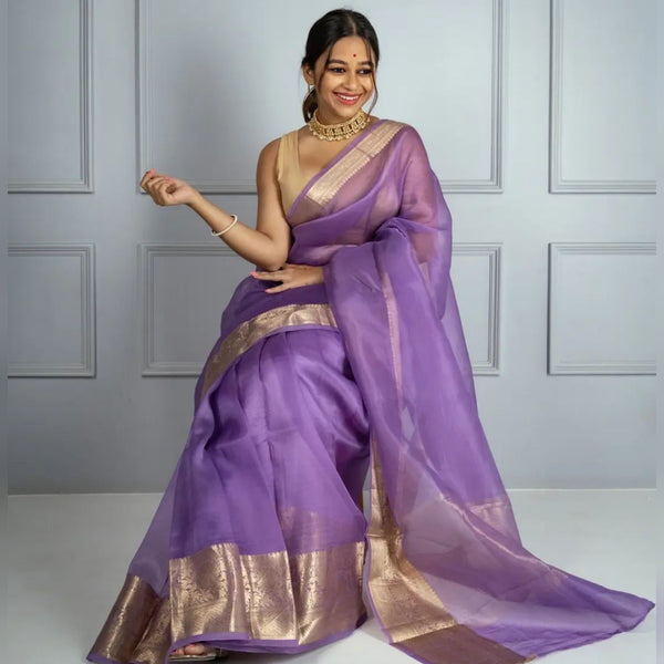 Lavender Purple Banarasi Skirt Border Soft Organza Saree