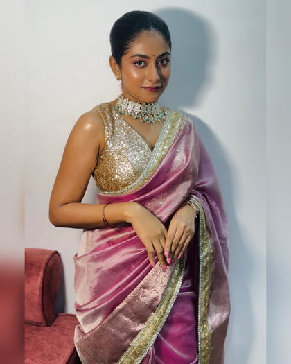 Baby Pink Designer Tissue Silk Saree with Hand Zardozi Work
