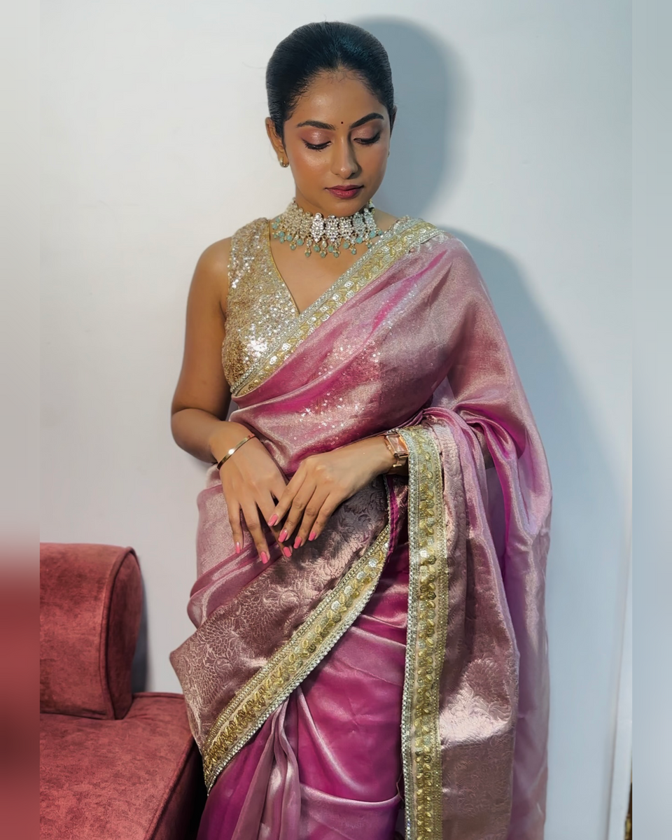 Baby Pink Designer Tissue Silk Saree with Hand Zardozi Work
