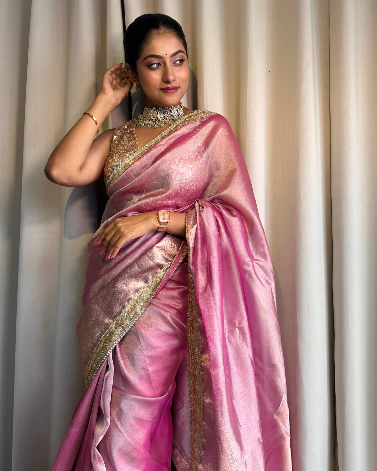 Baby Pink Designer Tissue Silk Saree with Hand Zardozi Work