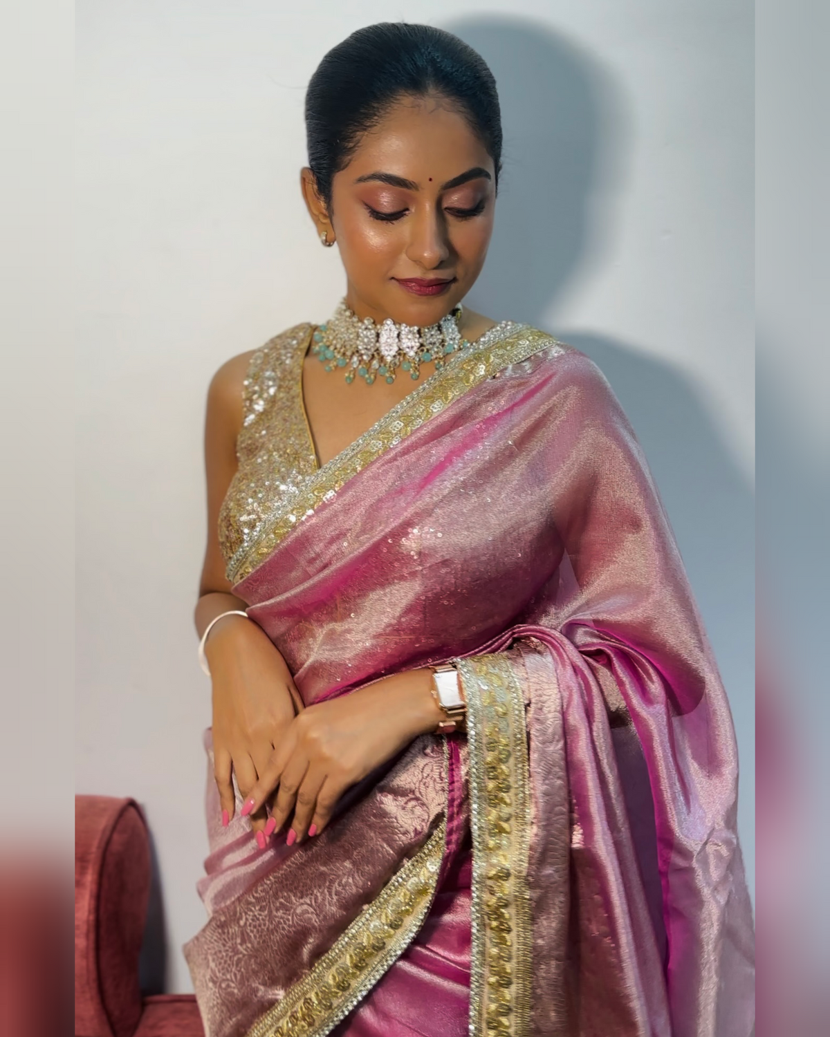Baby Pink Designer Tissue Silk Saree with Hand Zardozi Work