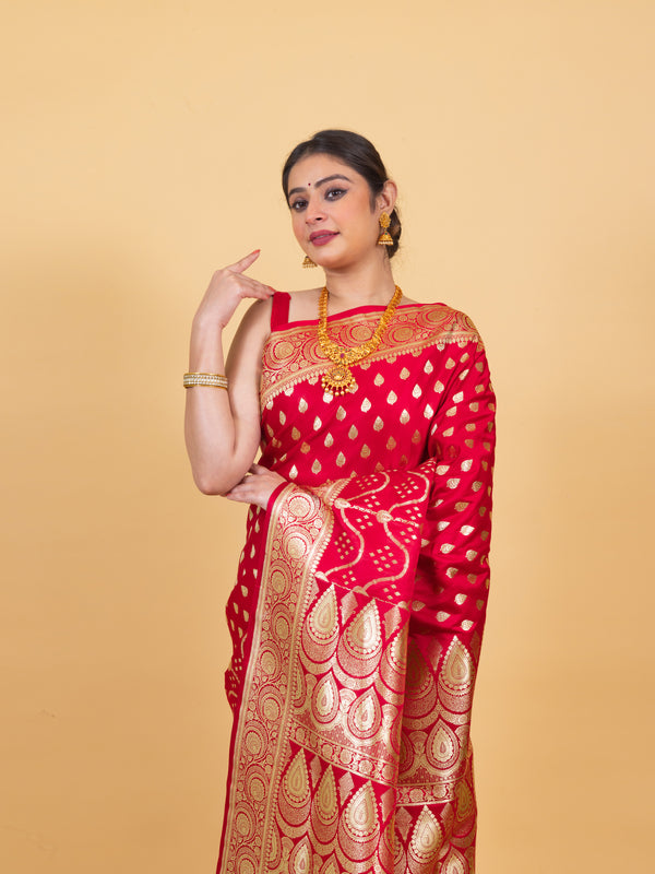 Bridal Red Banarasi Soft Katan Silk Saree | Handwoven Saree For Your Special Occasions
