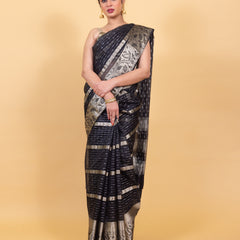 Midnight Black Banarasi Organza Stripe Pattern Saree | Soft & Elegant