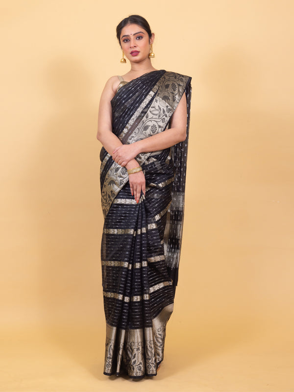 Midnight Black Banarasi Organza Stripe Pattern Saree | Soft & Elegant