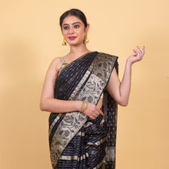 Midnight Black Banarasi Organza Stripe Pattern Saree | Soft & Elegant