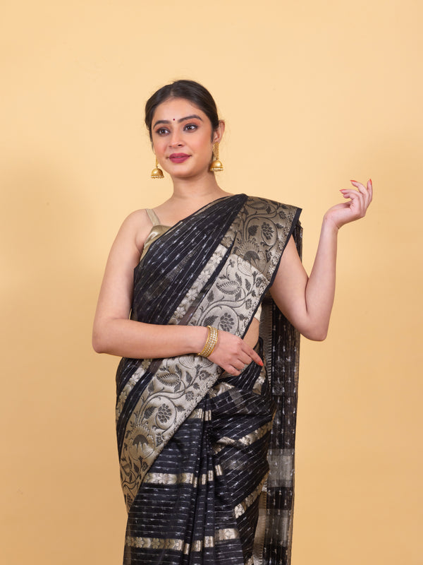 Midnight Black Banarasi Organza Stripe Pattern Saree | Soft & Elegant