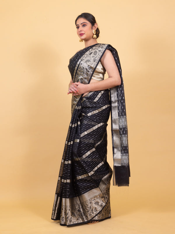Midnight Black Banarasi Organza Stripe Pattern Saree | Soft & Elegant