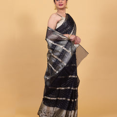 Midnight Black Banarasi Organza Stripe Pattern Saree | Soft & Elegant