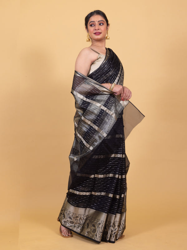 Midnight Black Banarasi Organza Stripe Pattern Saree | Soft & Elegant