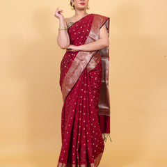 Maroon Red Gorgeous Banarasi Soft Silk Saree with Intricate Gold Zari Work