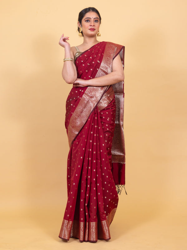 Maroon Red Gorgeous Banarasi Soft Silk Saree with Intricate Gold Zari Work