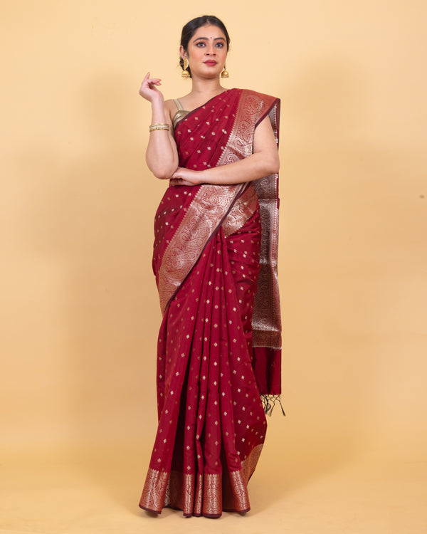 Maroon Red Gorgeous Banarasi Soft Silk Saree with Intricate Gold Zari Work