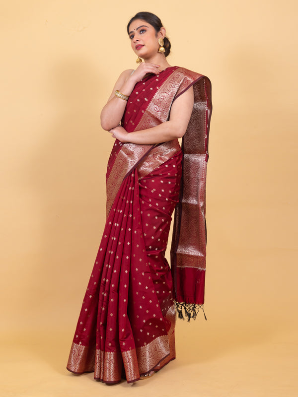 Maroon Red Gorgeous Banarasi Soft Silk Saree with Intricate Gold Zari Work