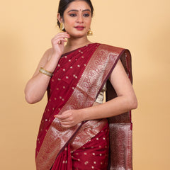 Maroon Red Gorgeous Banarasi Soft Silk Saree with Intricate Gold Zari Work