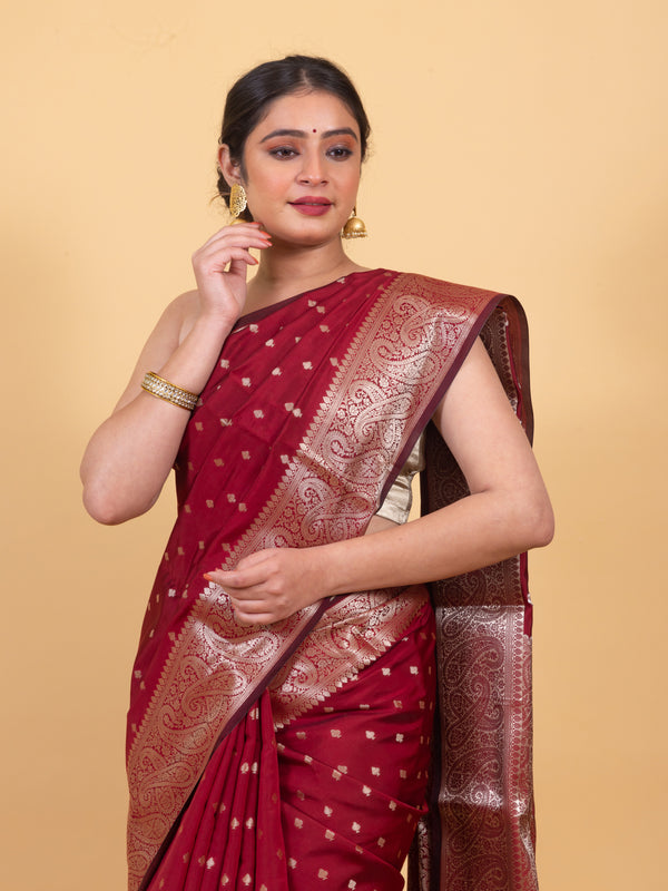 Maroon Red Gorgeous Banarasi Soft Silk Saree with Intricate Gold Zari Work