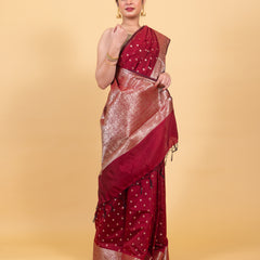 Maroon Red Gorgeous Banarasi Soft Silk Saree with Intricate Gold Zari Work