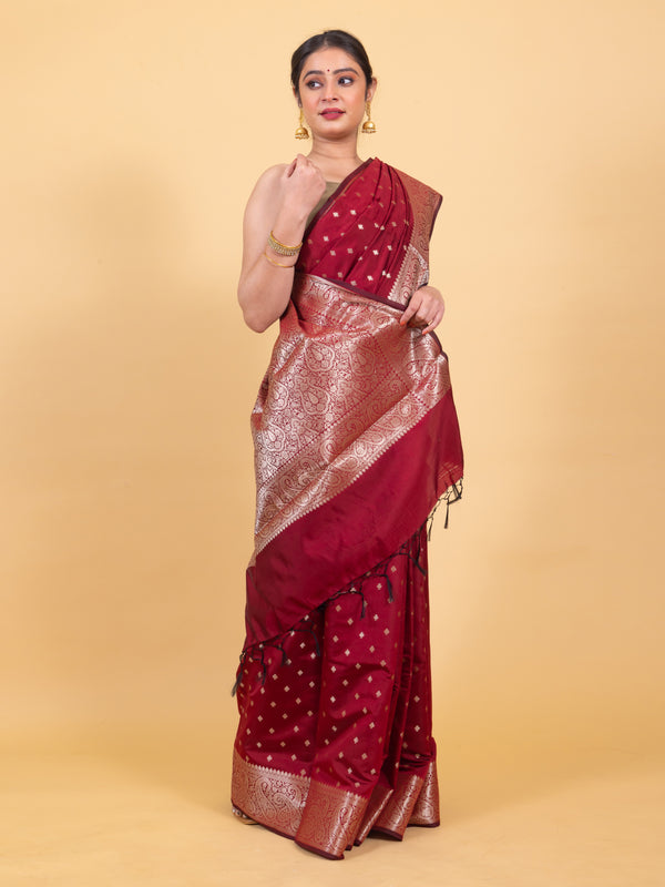 Maroon Red Gorgeous Banarasi Soft Silk Saree with Intricate Gold Zari Work