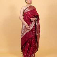 Maroon Red Gorgeous Banarasi Soft Silk Saree with Intricate Gold Zari Work