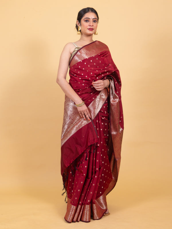 Maroon Red Gorgeous Banarasi Soft Silk Saree with Intricate Gold Zari Work