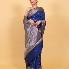 Indigo Blue Gorgeous Banarasi Soft Silk Saree with Intricate Gold Zari Work