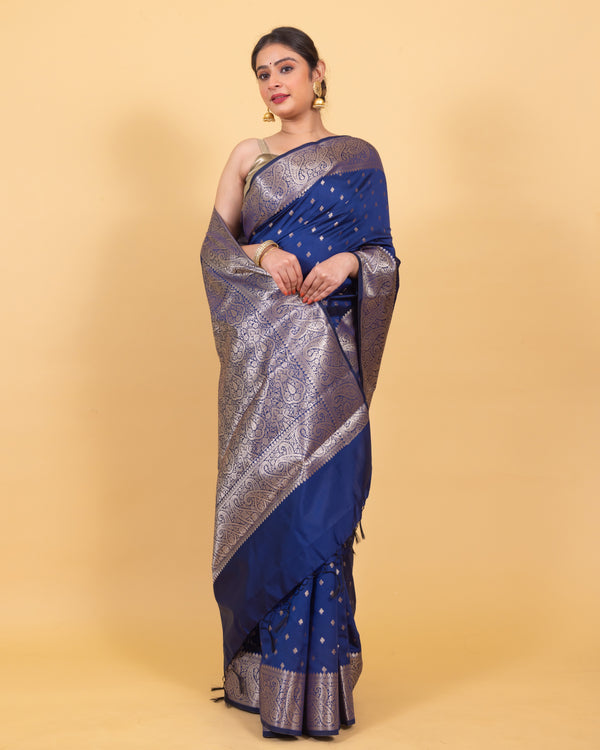 Indigo Blue Gorgeous Banarasi Soft Silk Saree with Intricate Gold Zari Work